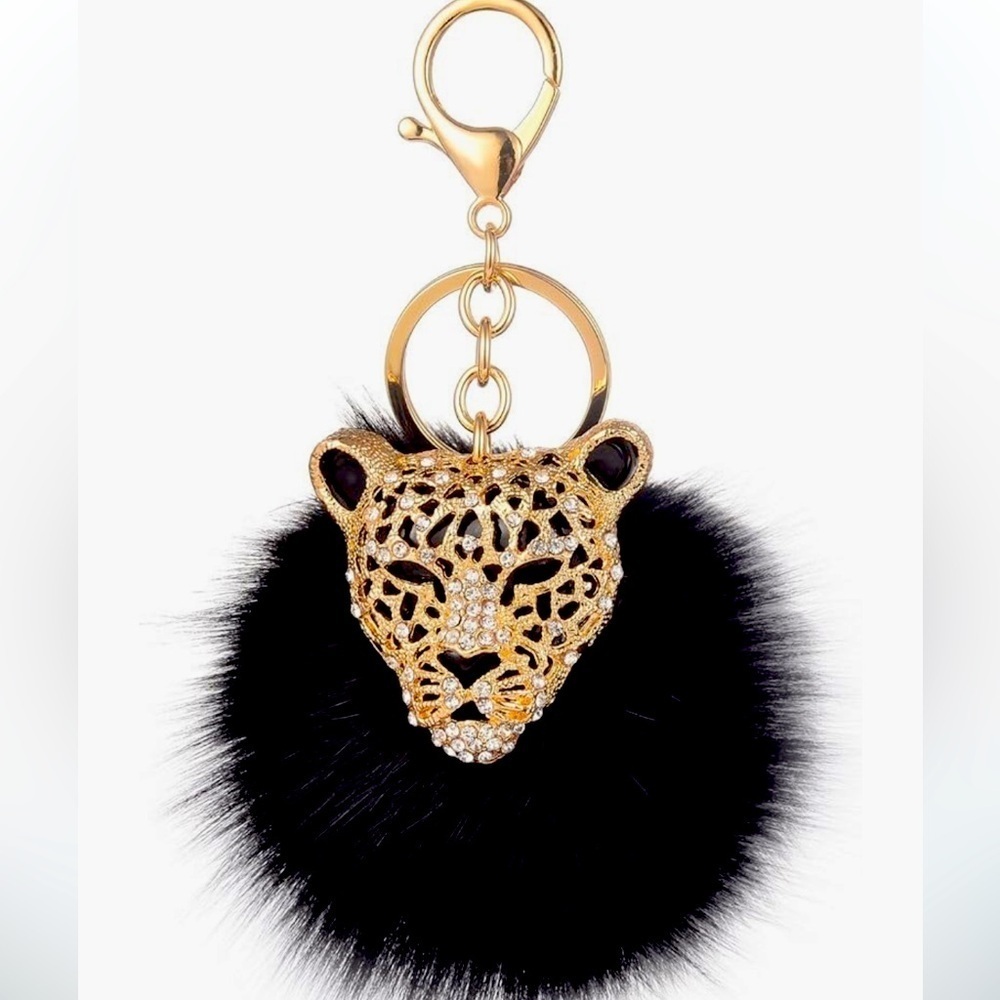 Leopard head rhinestone bling bag charm with faux fur puffball purse cha… - Picture 1 of 2
